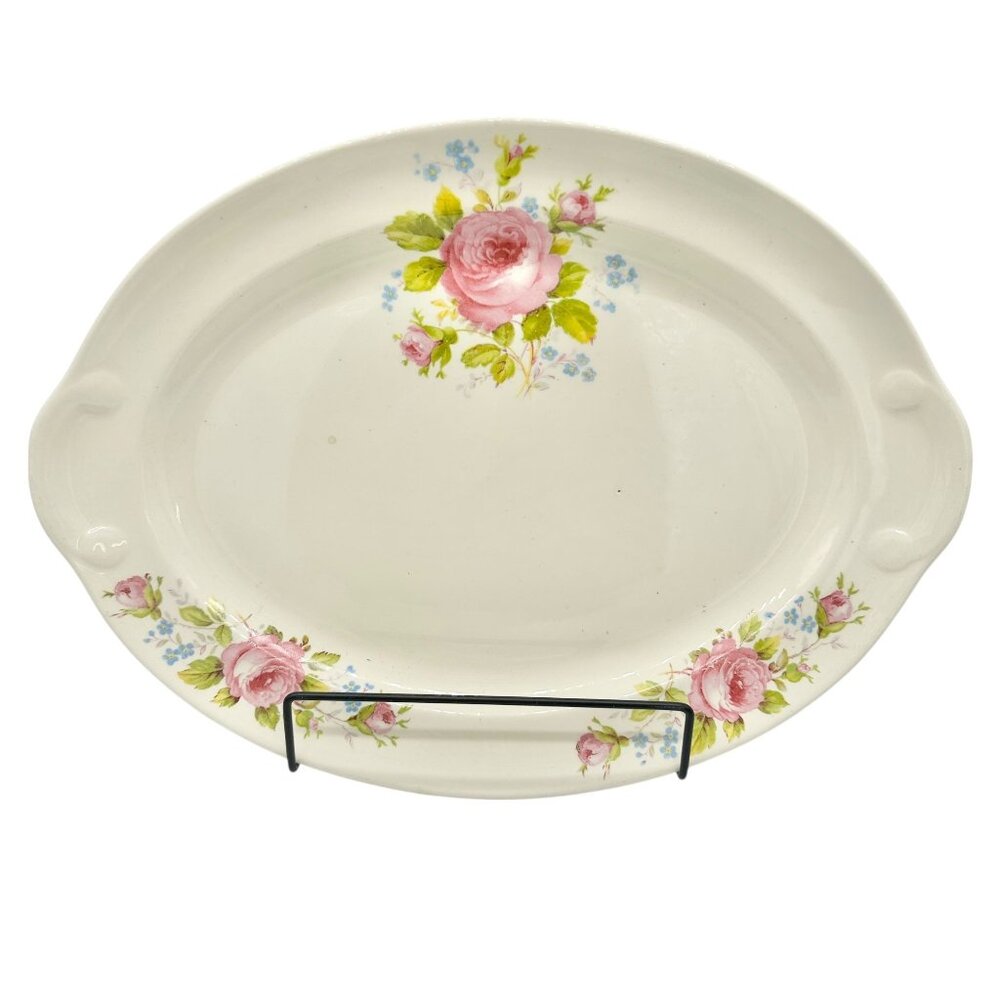 Vintage Taylor Smith Taylor Oval Serving Dish 13.5 Inch Cream Pink Roses Floral